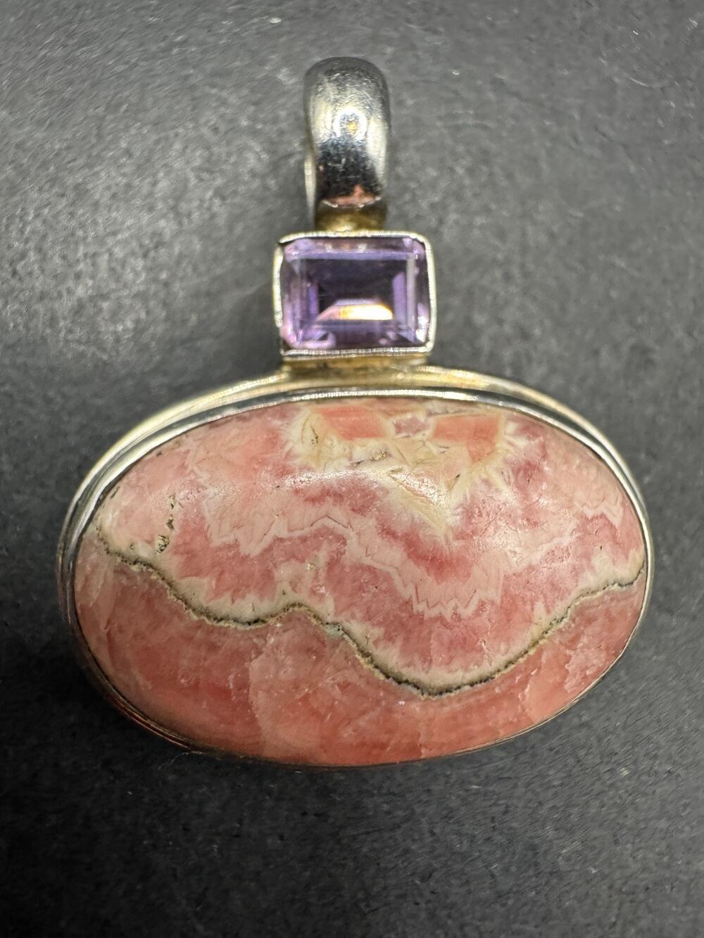 Vintage Sterling Silver 925 Rhodochrosite & Amethyst Accent Pendant 39mm